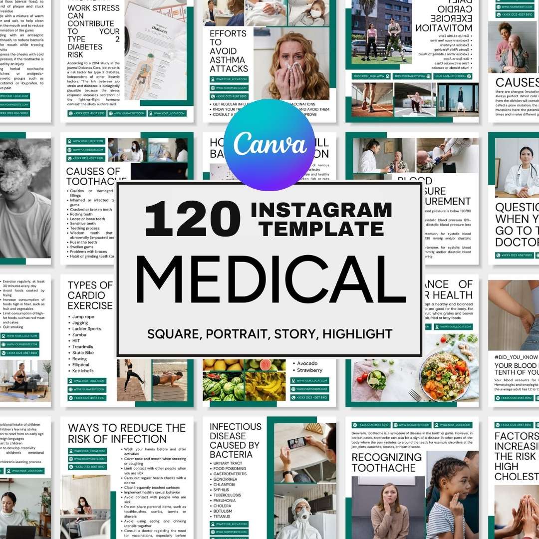 120 White Green Medical Instagram Template – Social Media Canva Template