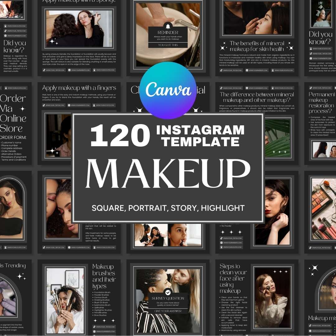 120 Black Make Up Instagram Template – Editable Social Media Canva Pack