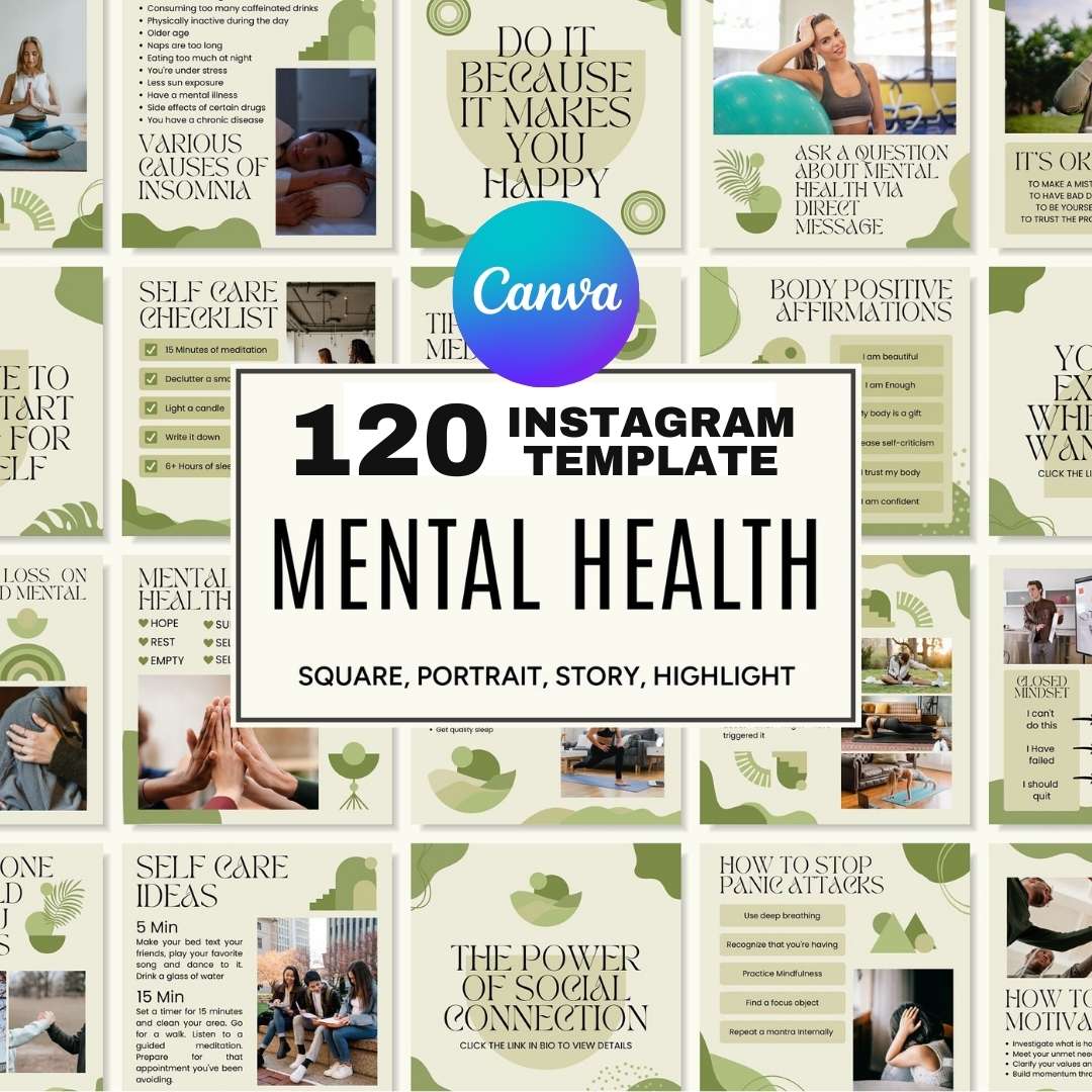 120 Mental Health Green Instagram Templates – Social Media Canva Template