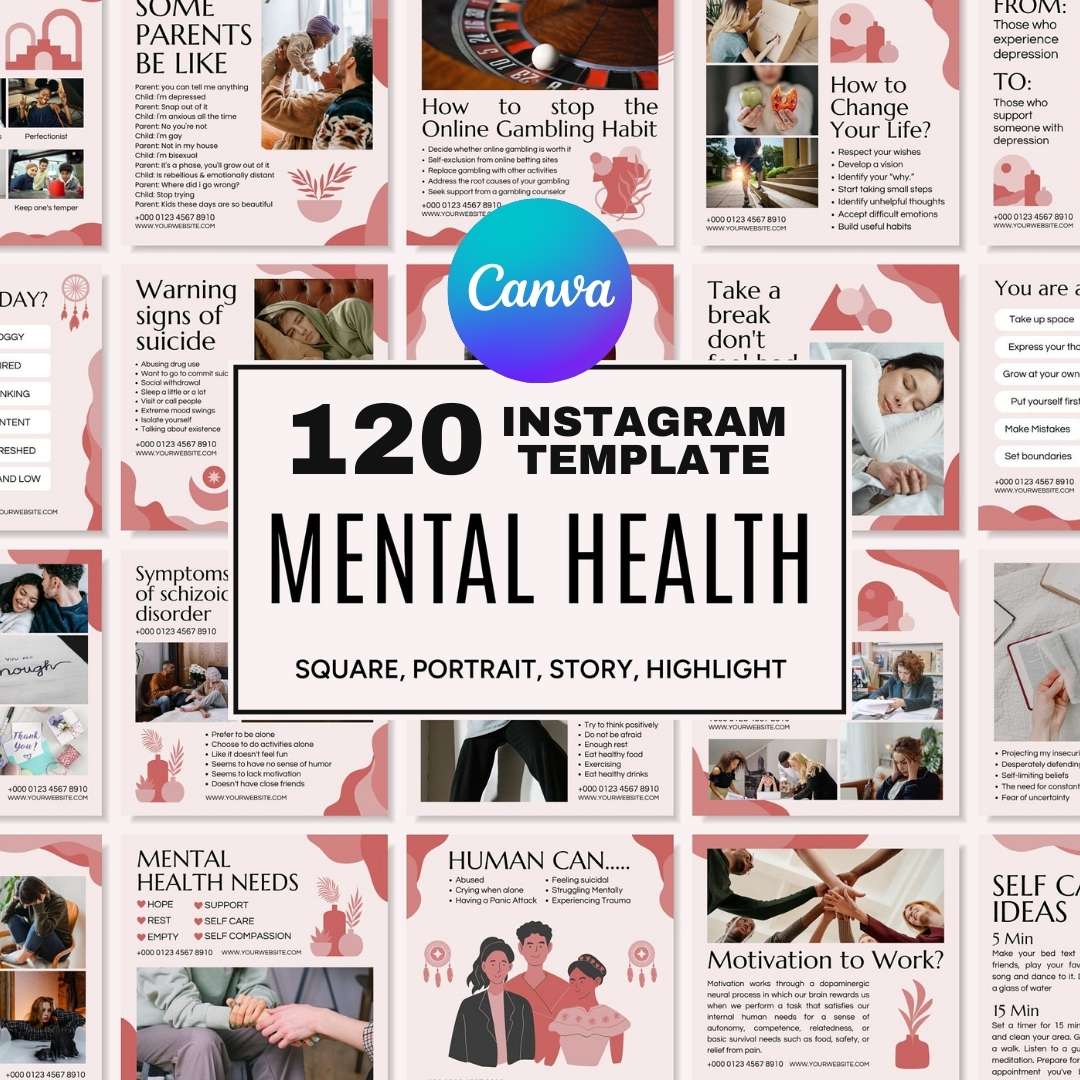 120 Mental Health Pink Instagram Templates – Social Media Canva Template