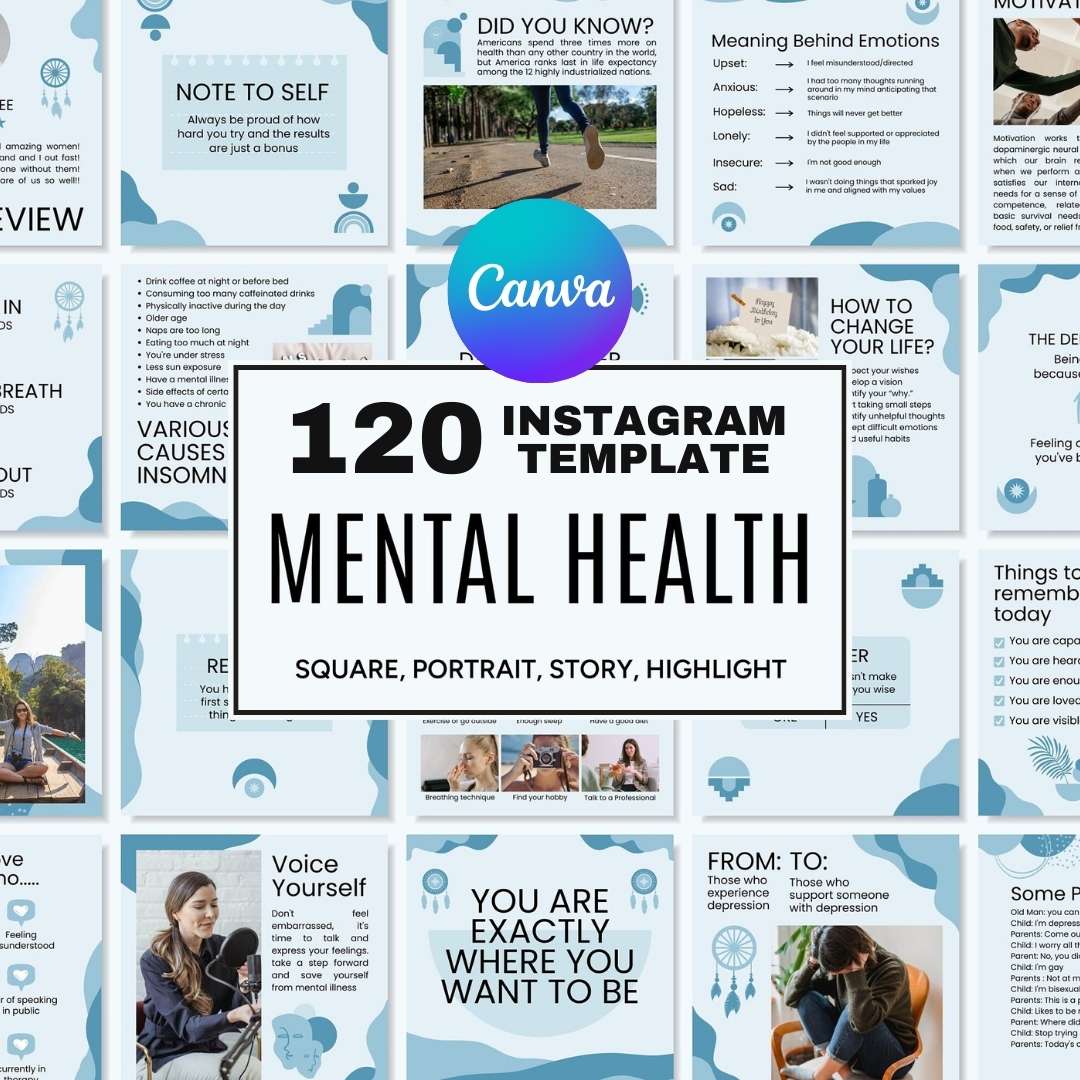 120 Mental Health Blue Instagram Templates – Social Media Canva Template