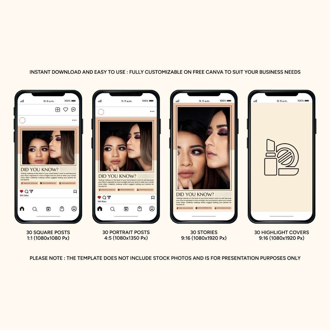 120 Beige Make Up Instagram Template – Editable Social Media Canva Pack
