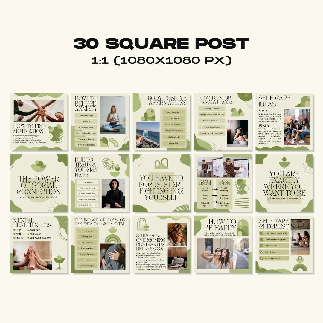120 Mental Health Green Instagram Templates – Social Media Canva Template