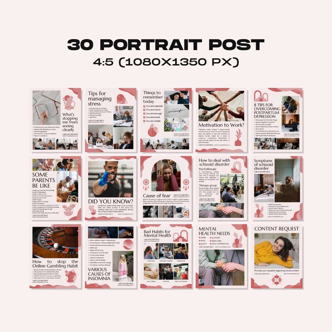 120 Mental Health Pink Instagram Templates – Social Media Canva Template
