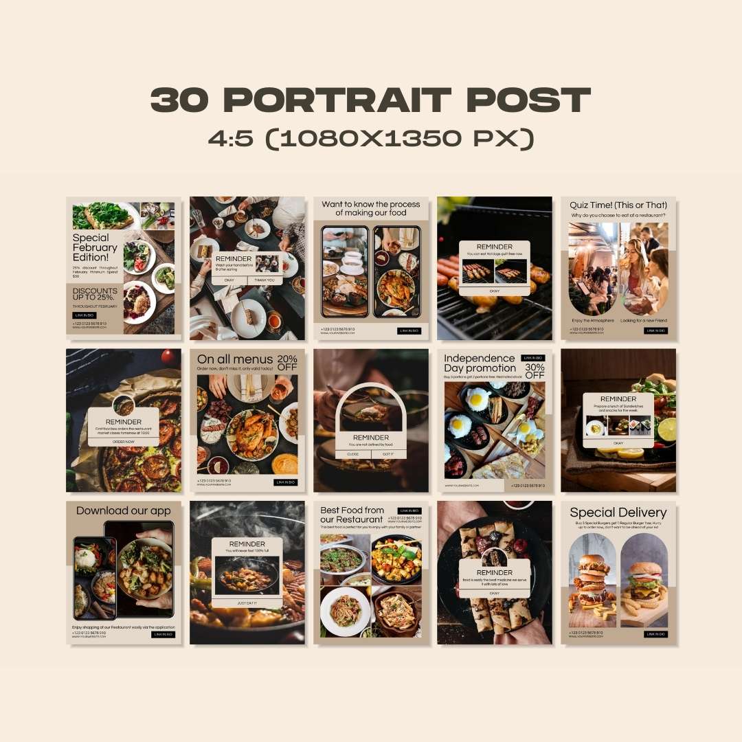 120 Beige F&B Restaurant Instagram Post – Social Media Canva Template