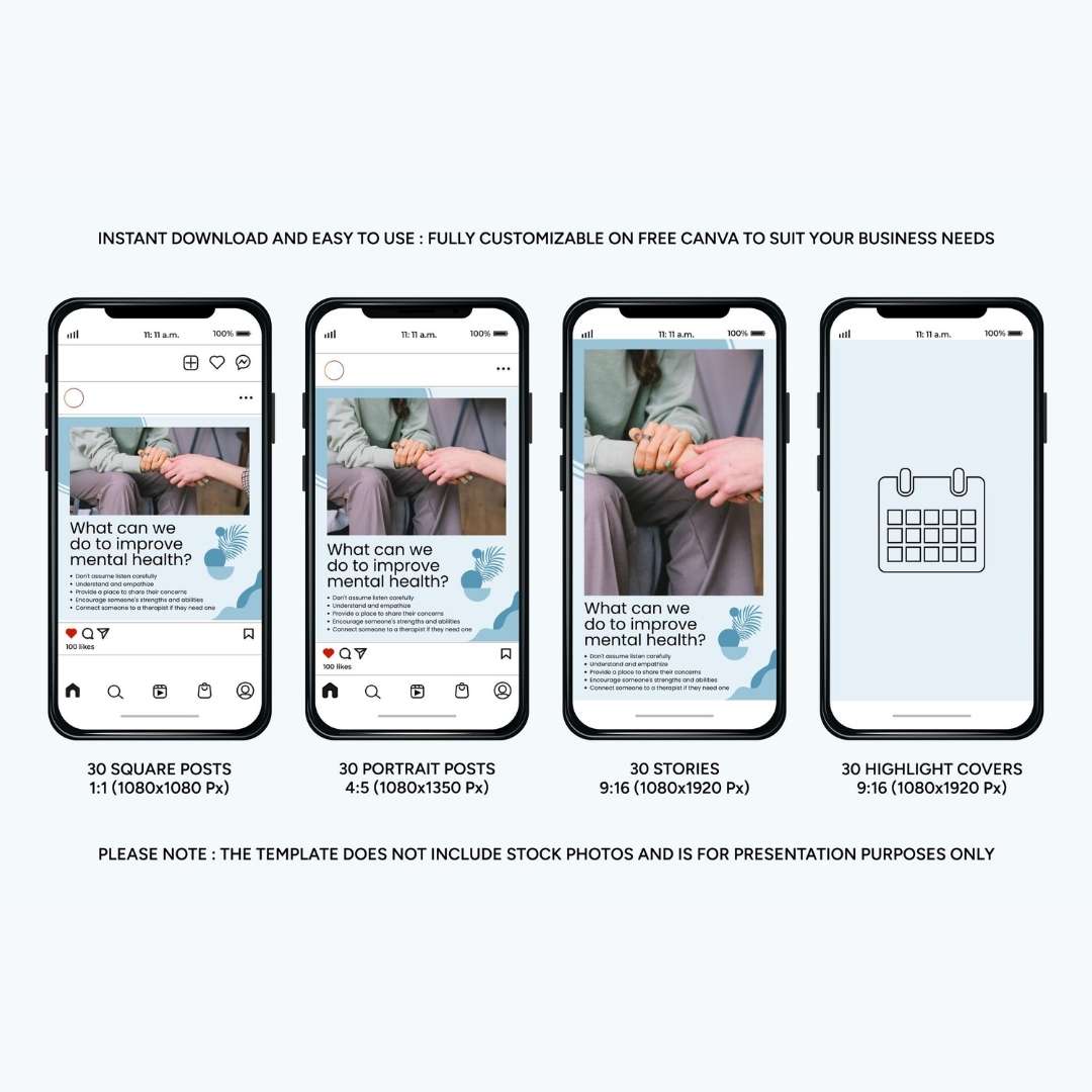 120 Mental Health Blue Instagram Templates – Social Media Canva Template