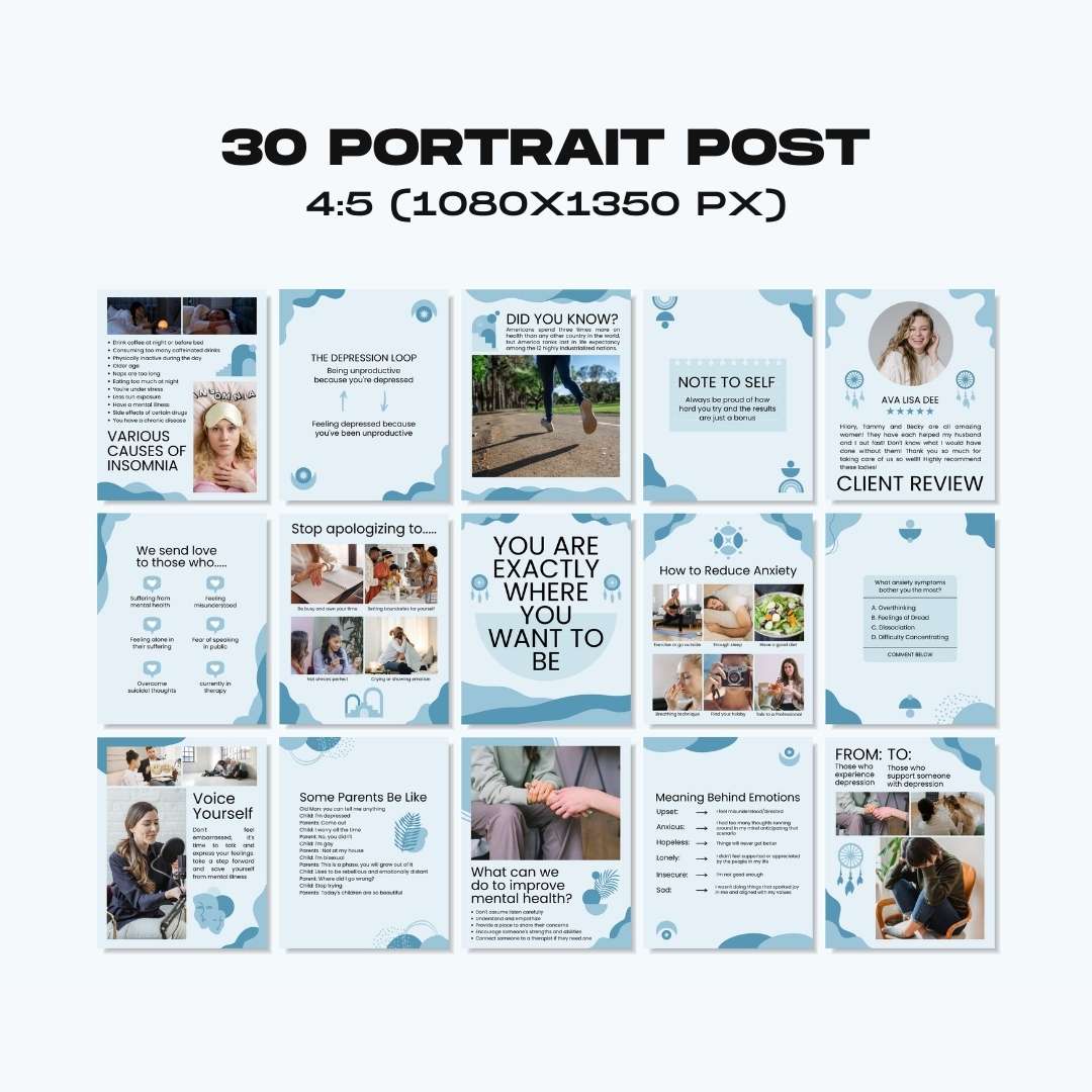 120 Mental Health Blue Instagram Templates – Social Media Canva Template