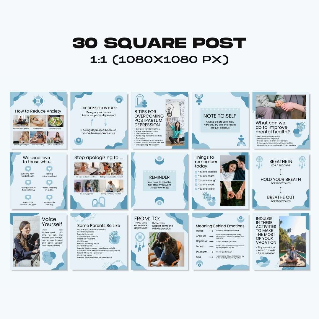 120 Mental Health Blue Instagram Templates – Social Media Canva Template